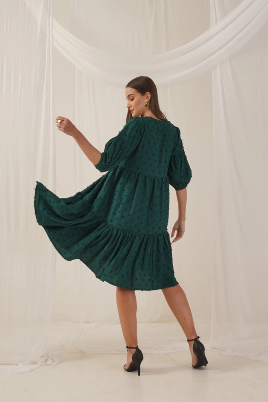 Women Georgette Puff Sleeves Tiered Dress-L / Green