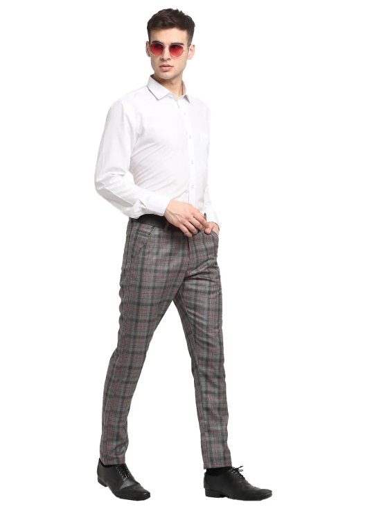 Indian Needle Men's Grey Cotton Checked Formal Trousers-32 / Grey