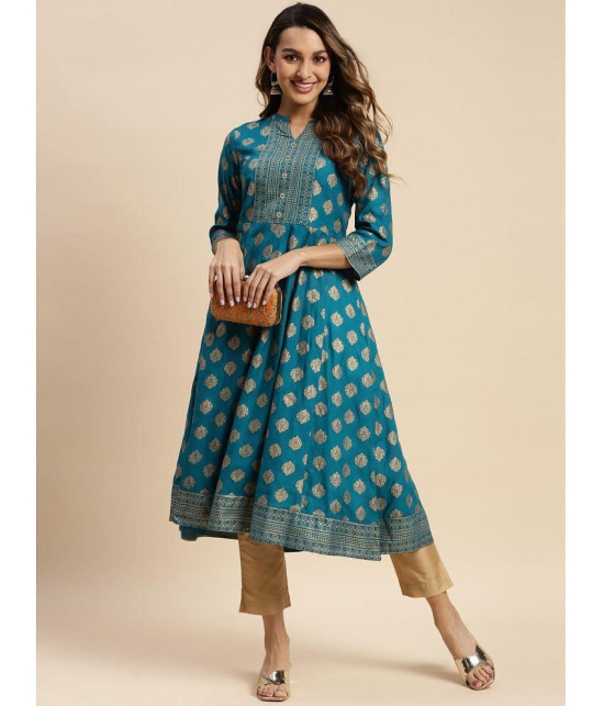 Rangita Women Rayon Teal Gold Printed Calf Length Flared Kurti - None