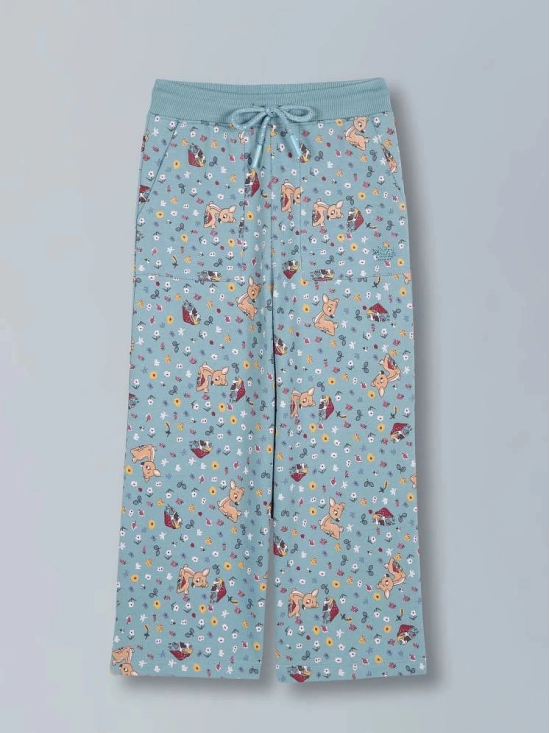 PlumTree Girls Deer AOP & Crown Stone wide leg relaxed Fit Cotton Trouser - Teal Blue - None