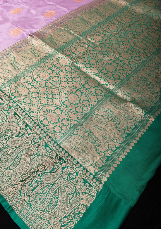 Thistle Banarasi Katan Silk Saree with Damask buttas and Rama Contrast | SILK MARK CERTIFIED