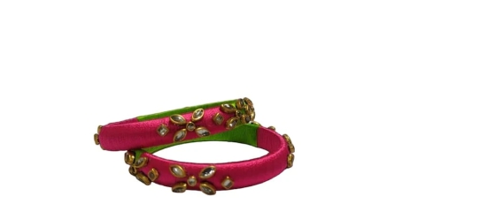 Pink and Green Silk Thread Bangle Set with Stone Detailing