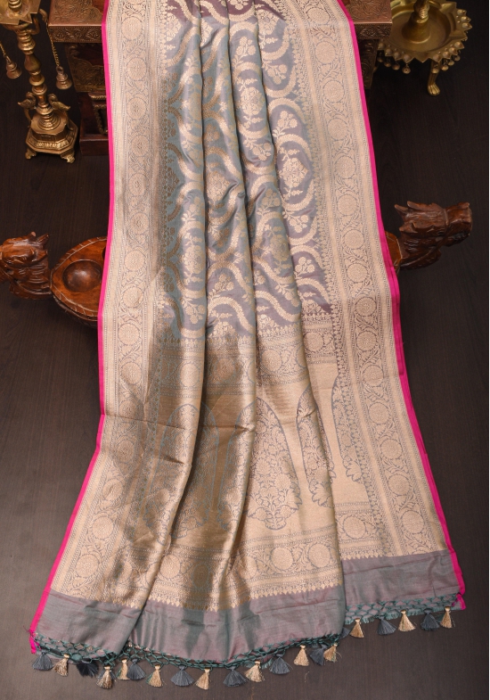 Gray  Dual tone  Pure Katan Silk Banarasi Saree with floral Jaal Zari weave |SILK MARK CERTIFIED