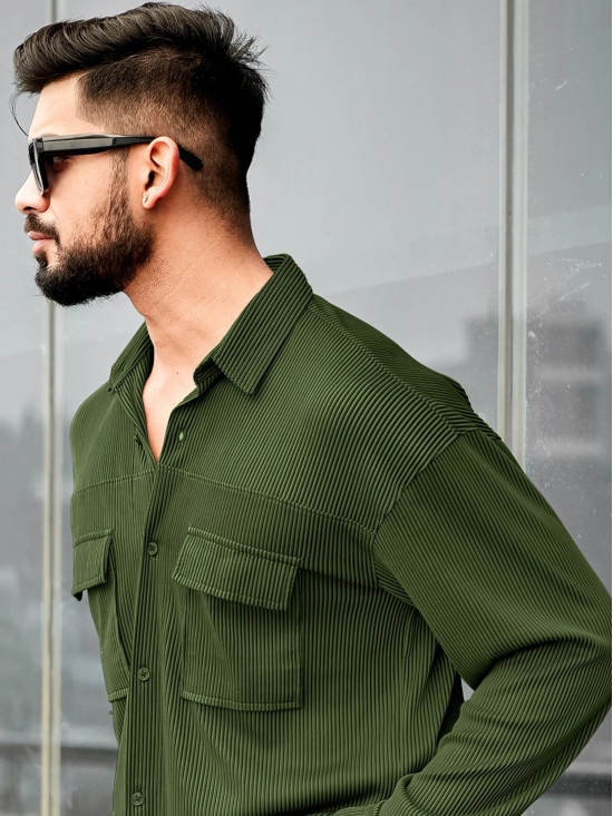 Stripe Textured Olive Full Sleeve Shirt-XL / Olive