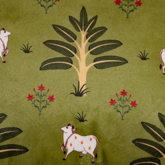 Pichwai Divine Cow Printed Green Velvet Cushion Cover  16 X 16