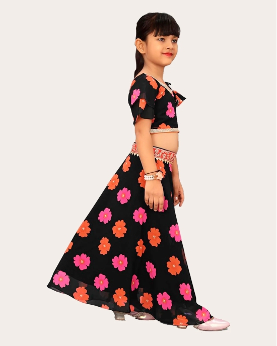 Kids Lehenga Choli in Georgette with Intricate Embroidery and Vibrant Flower Patterns-Black / 6 Years-7 Years