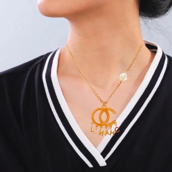 Anti Tarnish Gold Plated Pendant Necklace Chain with Letters & Pearl Stone For Girls & Women