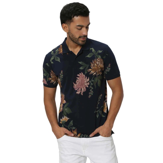 Navy & Multi Floral Print Pique Polo T-Shirt