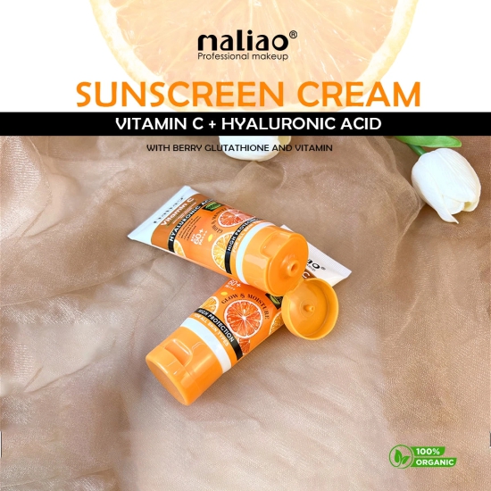 Maliao Vitamin C Sunscreen Cream with Berry Glutathione & Hyaluronic Acid - SPF 60+ PA+++ (High Protection, Waterproof, All Skin Types)