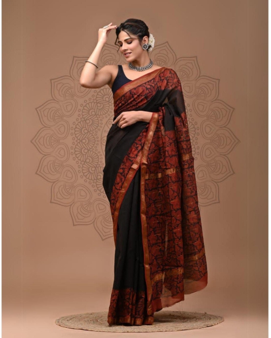 Lustrous Maheshwari Pure Silk Black Saree Blockprint