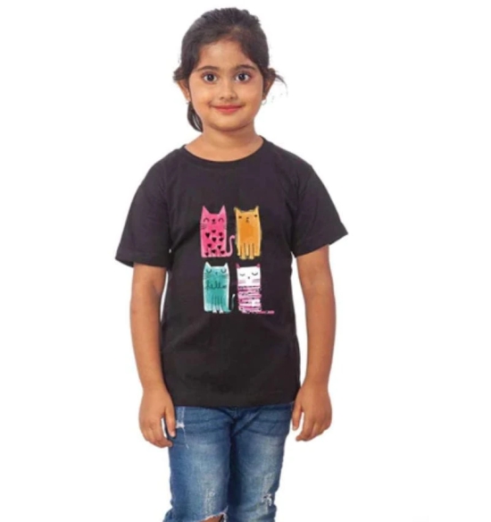 Girls Cotton Cat Half Sleeve TShirt (Black) PID41468