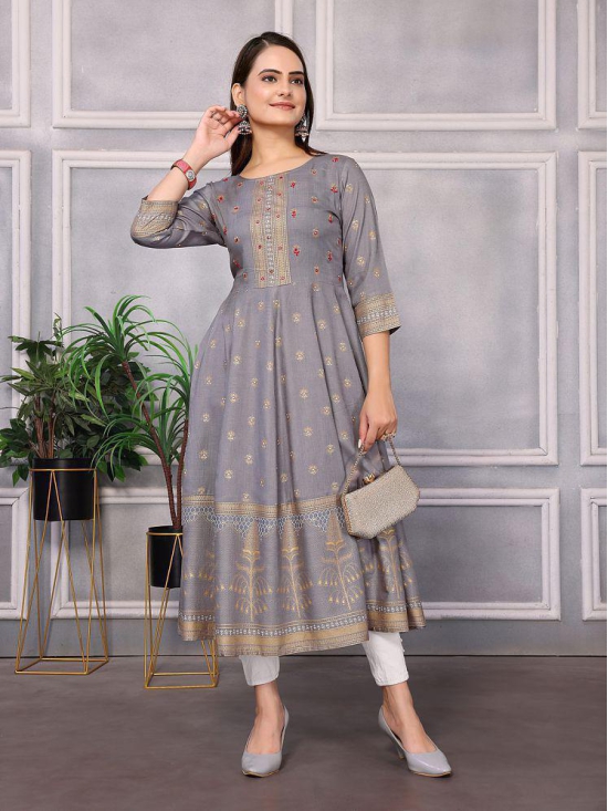 Rangita Women Rayon Grey Embellished Calf Length Anarkali Kurti - None