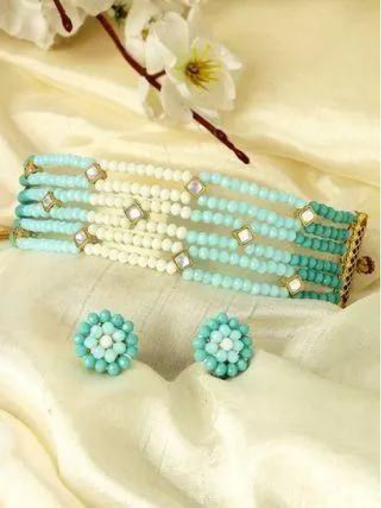 Karatcart Light Blue and White Crystals Beaded Kundan Choker Necklace Set for Women-Free Size