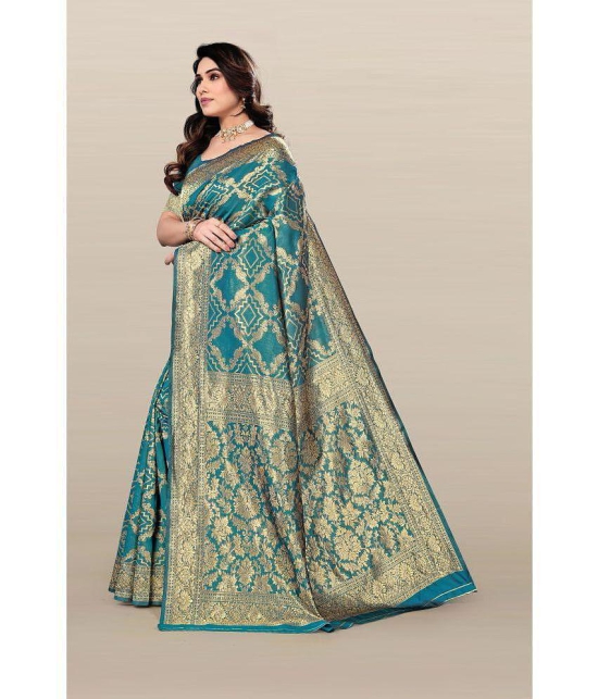 Om Shantam Sarees Banarasi Silk Embellished Saree With Blouse Piece - Turquoise ( Pack of 1 ) - Turquoise