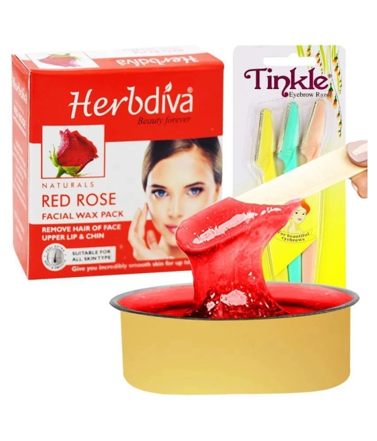 Herbdiva Katori Facial Wax Red Rose 80g With Eyebrow Razer,(101RZR), Pack of 2