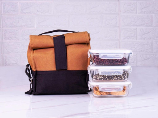 Femora Borosilicate Glass Rectangle Container Camel Black Lunch Box, Set of 3