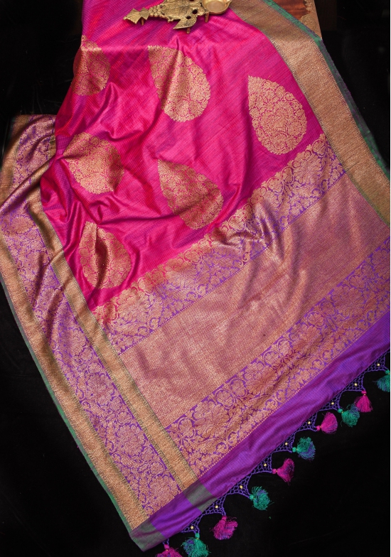 Pre-Order Stunning Pink Dual tone Dupion Banarasi Silk Saree with large Antique zari motifs and Two Tone Border  | SILK MARK Certified