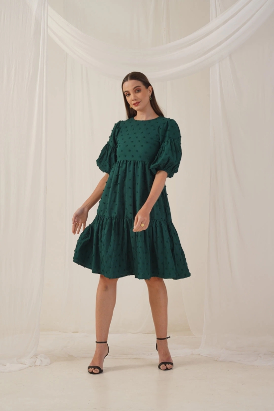 Women Georgette Puff Sleeves Tiered Dress-L / Green