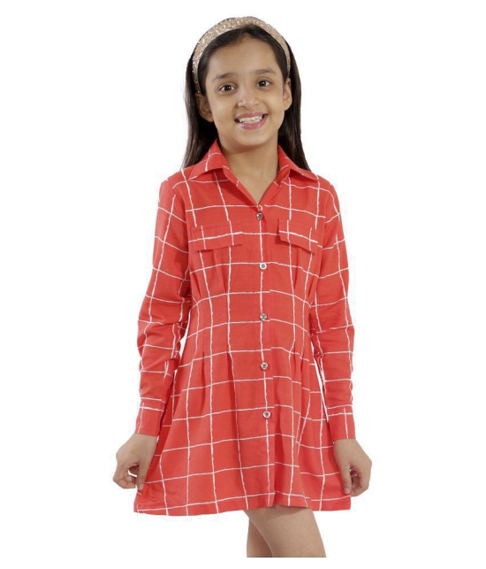 Kids Cave shirt dress for girls fit and flare Knee length fabric rayon check print (Color_Orange, Size_3 Years to 12 Years) - None