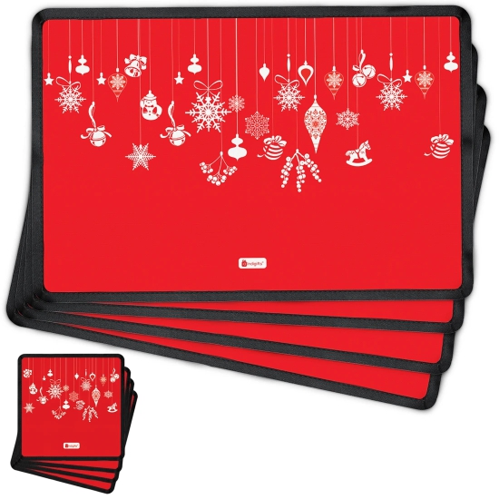 Indigifts Dining Decor Decorative Festive Ornaments and Charms Printed Red Table Mat and Coaster Set of 4 - Christmas Decorations for House, Xmas Decorations, Placemat for Dining