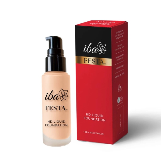 Iba Festa HD Liquid Foundation with Hyaluronic Acid - 03 Natural, 30ml | Long Lasting with Full Coverage| Lightweight l Oil Free Dewy Finish | SPF 15 | 100% Natural | Halal Certified & Vegan Makeup