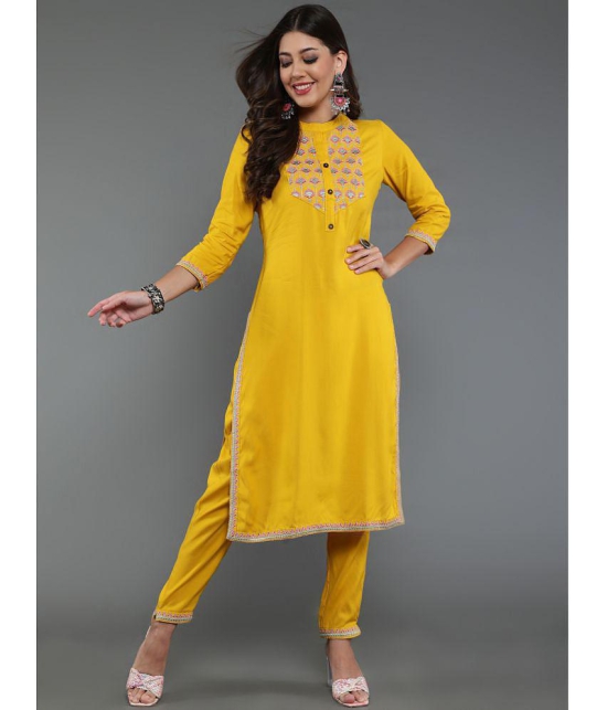 Antaran Viscose Embroidered Kurti With Pants Womens Stitched Salwar Suit - Yellow ( Pack of 1 ) - None