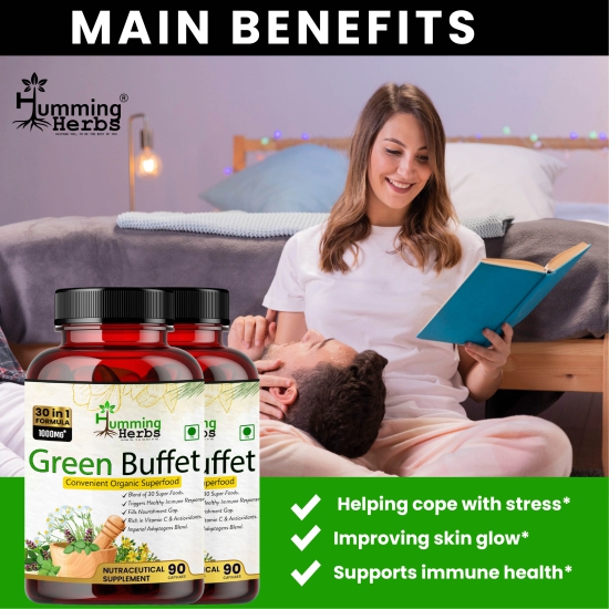 Humming Herbs Green buffet Capsules 500mg | 90 Capsules| Blends of 30 Super like Quercetine Cordyceps Spirulina alfalfa Ashwgandha seabuck thorn Acai berry Goji Berry and milk thistle - Pack of 2