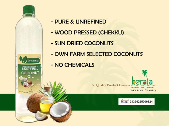 Jeevasassya Wood Pressed & Unrefined Coconut Oil 1 L (Chekku) For Cooking, Ayurvedic Practices, Skin & Hair Care