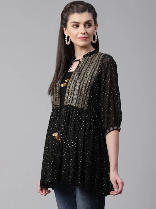 Black & Golden Printed Semi-Sheer Front-Open Kediya Tunic