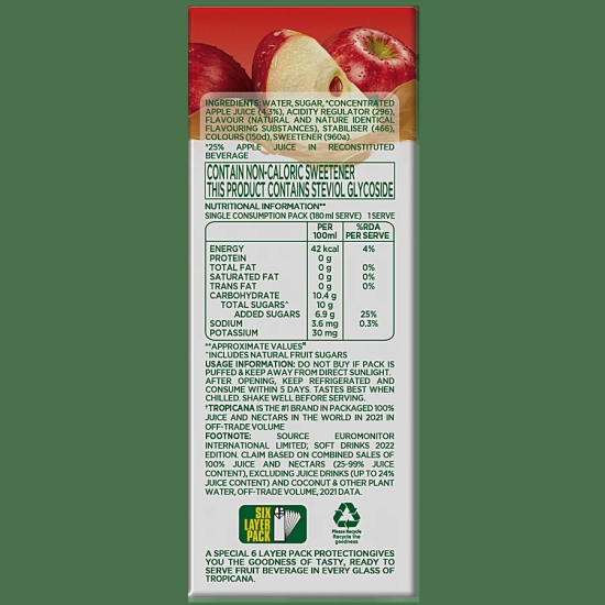 Tropicana Apple Delight Fruit Juice - No Added Preservatives, 180 Ml Tetra