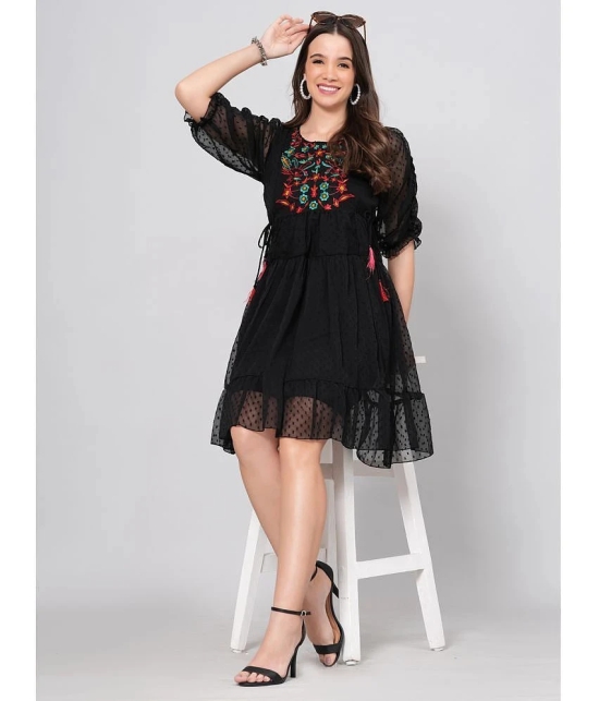 HIGHLIGHT FASHION EXPORT Crepe Embroidered Knee Length Womens Fit & Flare Dress - Black ( Pack of 1 ) - None