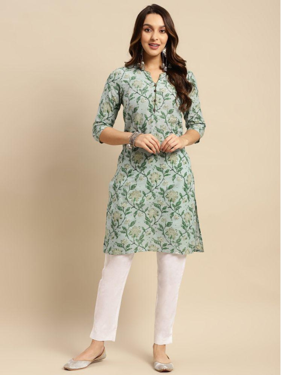 Rangita Women 100% Cotton Mint Green Floral Printed Knee Length Straight Kurti - None