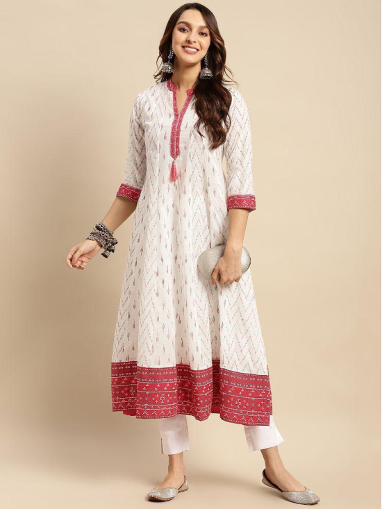 Rangita Women 100% Cotton Off White Contrast Placket Ikat Printed Calf Length Anarkali Kurti - None