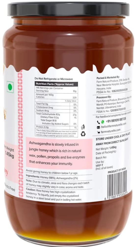 Farm Naturelle-Pure Raw Delicious and Immunity Booster Real Ashwagandha Infused Forest Honey,Immense Medicinal Value Naturally-1.45kg and a Wooden Spoon.