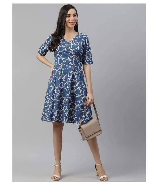 Divena Cotton Blue Fit And Flare Dress - 5XL