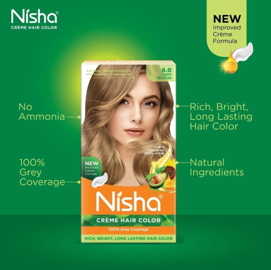 Nisha Creme Hair Color 8.0 Light Blonde 120g Pack of 3, Permanent Hair Colour for Long Lasting Hair, 100% Grey Coverage