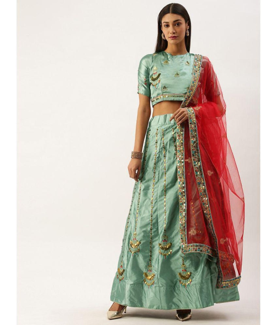 Om Shantam Sarees Green,Pink Silk Blends Chaniya Choli Semi Stitched Lehenga Single - Free Size