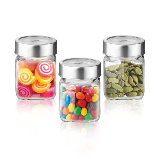 Treo Cube 180 ML Glass Storage Jar with Steel Lid | Transparent | Set of 3 and 6 Pcs