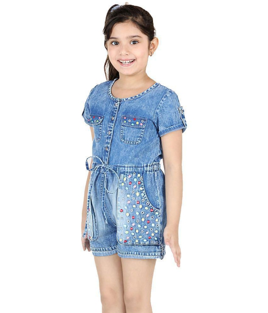 Naughty Ninos Girls Blue Denim Floral Emboidered Jumpsuit - None