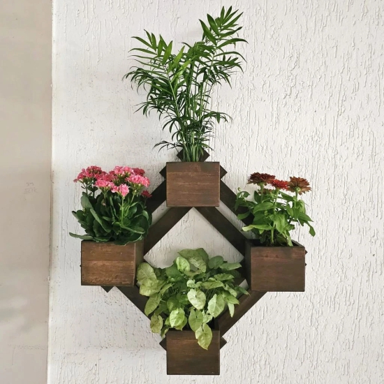 BARISH - Wall Mounted Planter - Diamond | Handcrafted with Rubberwood | Indoor Planter Frame with Stand 25 x 25 x 6 Inches