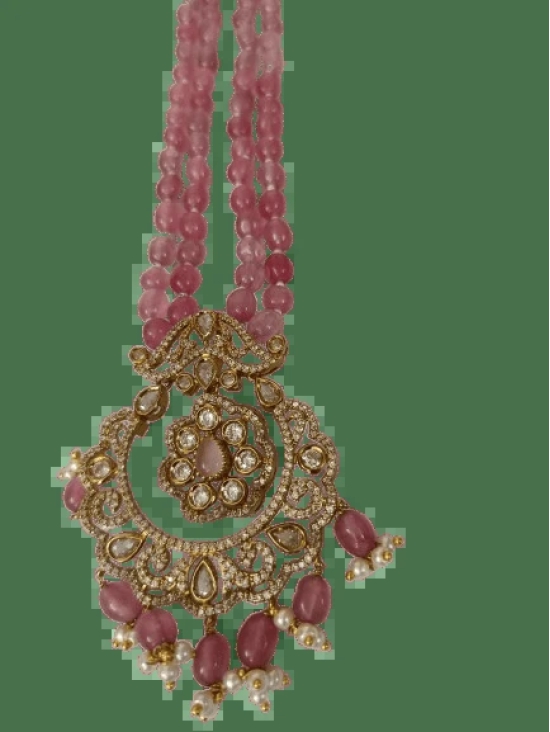 Pink Beaded Necklace with Gold and Diamond Pendant