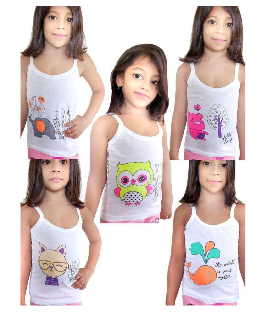 HAP GIRLS Pure Cotton White camisoles with Animal Prints & Inspiring Quotes |Innerwear / Slips | Pack of Five - None