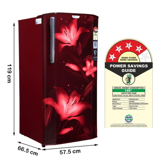 Godrej 180 L 4 Star Turbo Cooling Technology, 24 Days Farm Freshness Direct Cool Single Door Refrigerator Appliance (RD EDGENEO 207D THF BH WN, Blush Wine)