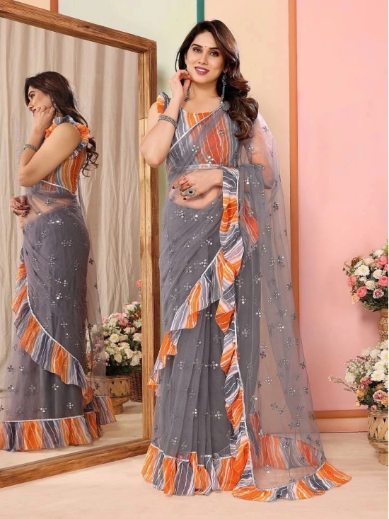 Gazal Fashions Net Embroidered Saree With Blouse Piece - Grey ( Pack of 1 ) - Grey