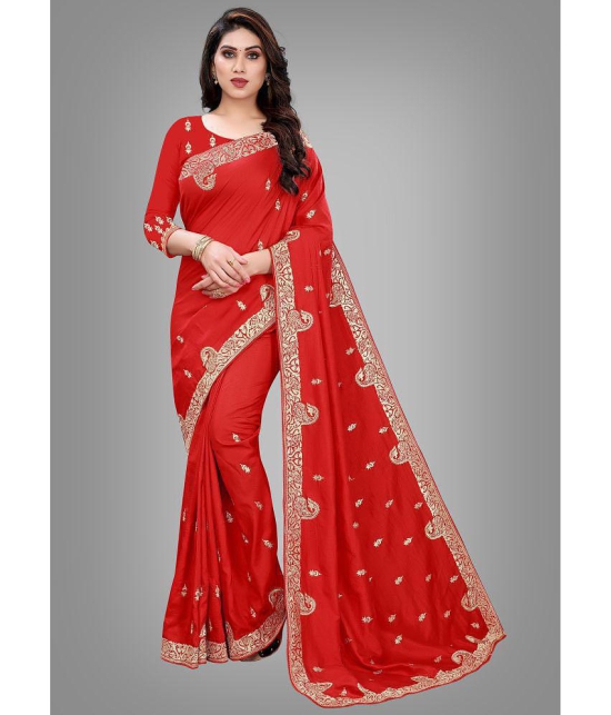 Om Shantam Sarees - Red Silk Blend Saree With Blouse Piece ( Pack of 1 ) - Red