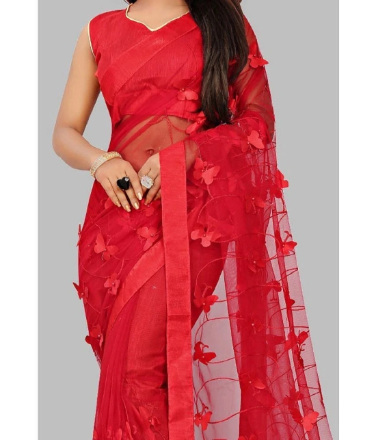 Gazal Fashions - Red Net Saree With Blouse Piece ( Pack of 1 ) - Red