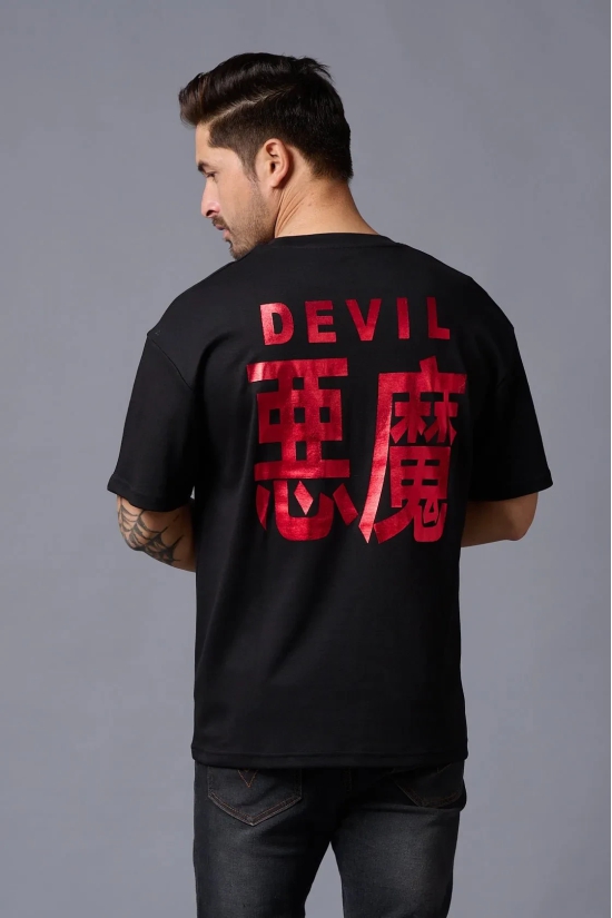 Chinese Devil in Red Foil Print Black Oversized T-Shirt for Men M