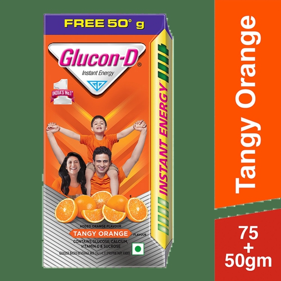 Glucon-D, Orange Flavoured Glucose Based Beverage Mix - 125 G (75G + 50G Free) Carton