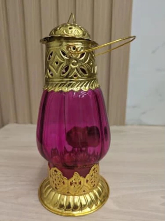 Aarna Creations Lalten Style Tea Light Holder | Hang or Stand Tea Light Holder| Golden Beautiful Hanging lalten | Antique lalten | Metal & Glass Tea Light Stand (Pink)