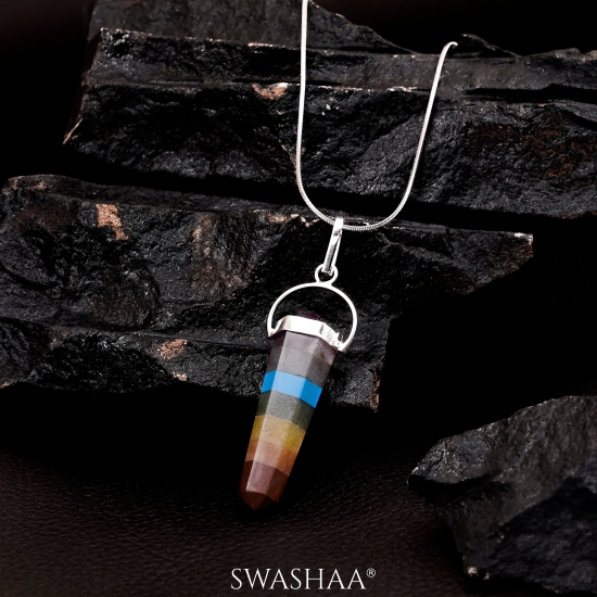 Bonded 7 Chakra Pencil Mens Chain Pendant | Natural Stone-Silver